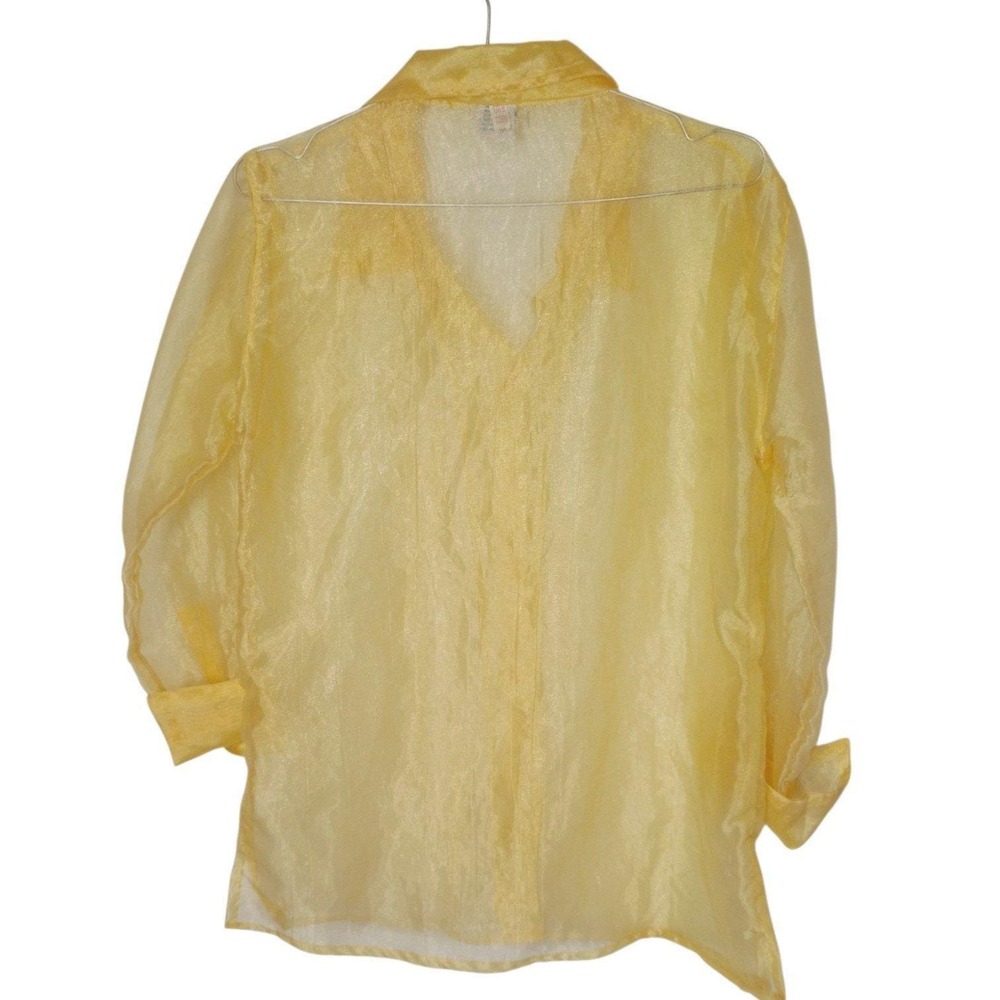 Vintage Erika Brooke Womens Yellow Sheer Shimmer Button Down Blouse Size S - Picture 3 of 9